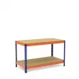 Werktafel blauw en oranje met 2 spaanplaten planken