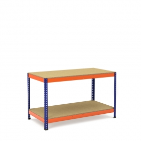 Werktafel blauw en oranje met 2 spaanplaten planken
